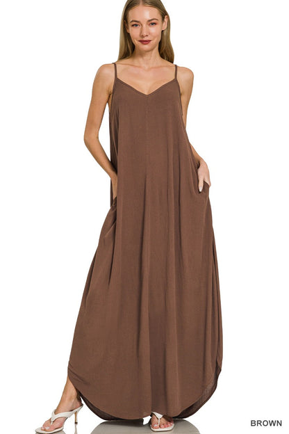 Brown Zenana woven crinkle cami maxi dress with side pockets, featuring a flowy silhouette and comfortable straps.