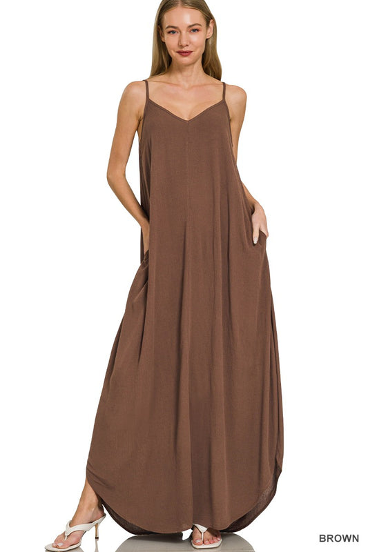 Brown Zenana woven crinkle cami maxi dress with side pockets, featuring a flowy silhouette and comfortable straps.