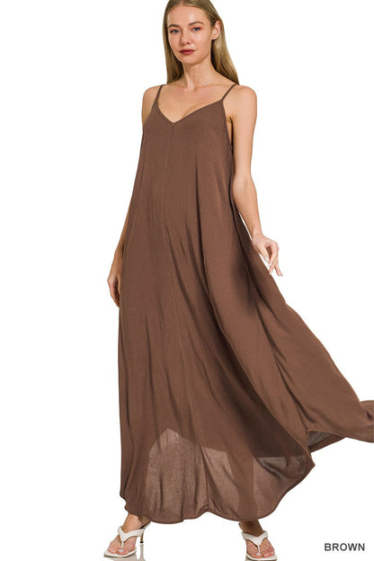 Brown Zenana woven crinkle cami maxi dress with side pockets, featuring a flowy silhouette and comfortable fit.