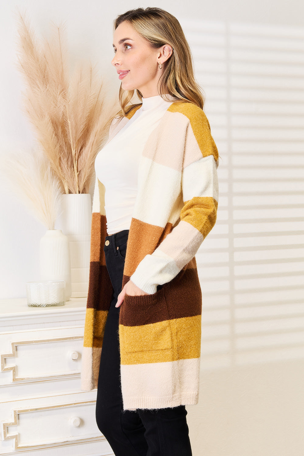Brown and tan woven color block cardigan with dropped shoulders from Trendsi, featuring a stylish right-side design.