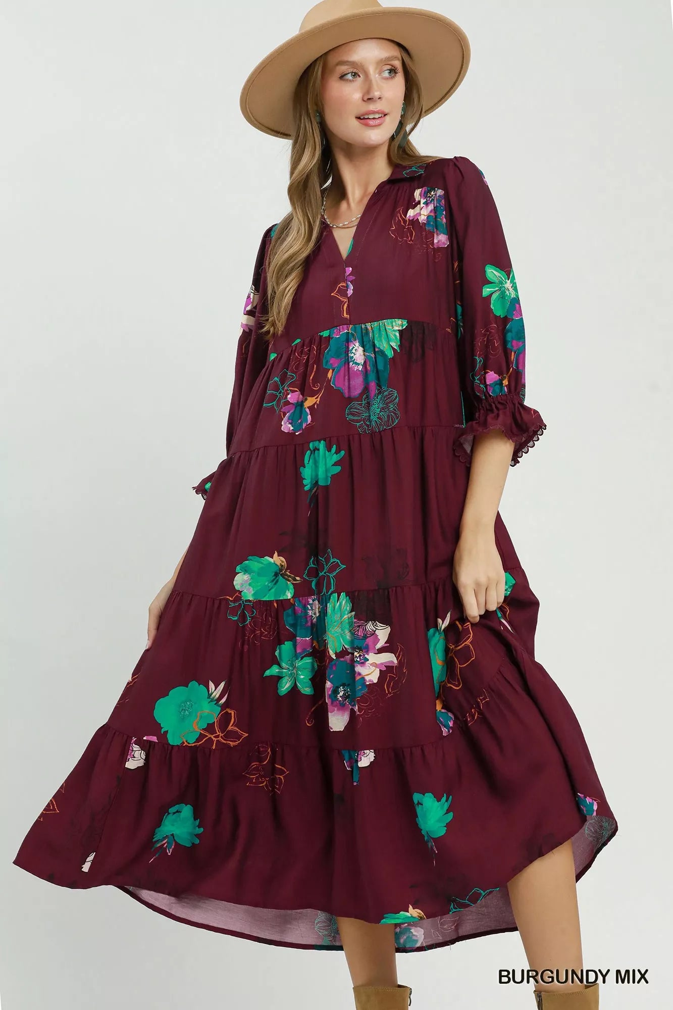 Trendsi Umgee floral print tiered midi dress with puff sleeves in burgundy and mixed floral pattern, stylish and feminine.