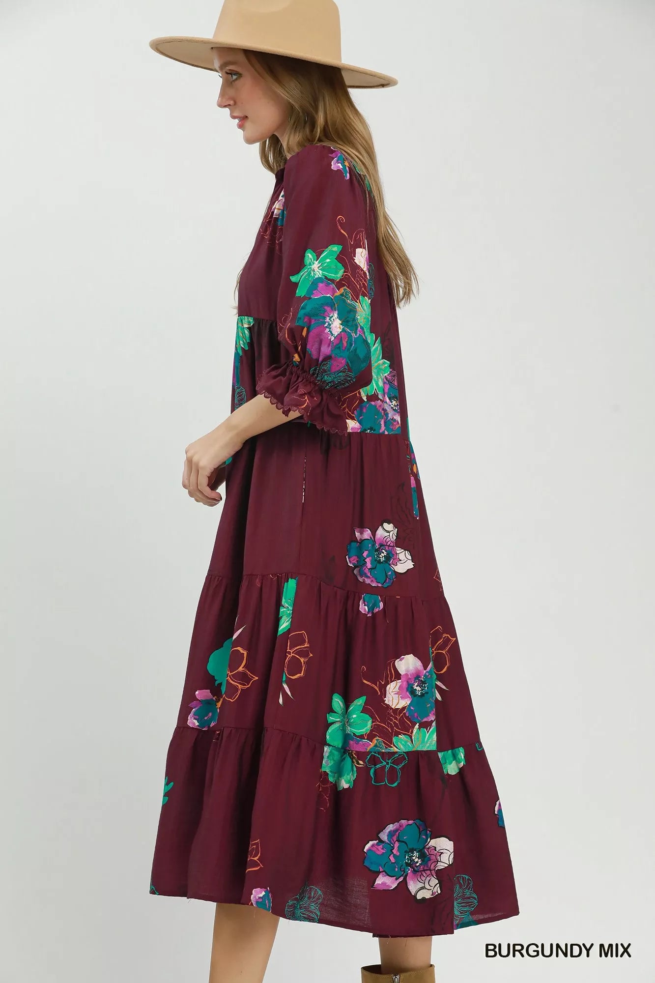 Trendsi Umgee floral print tiered midi dress with puff sleeves in burgundy and mixed colors, flowing and stylish for spring.
