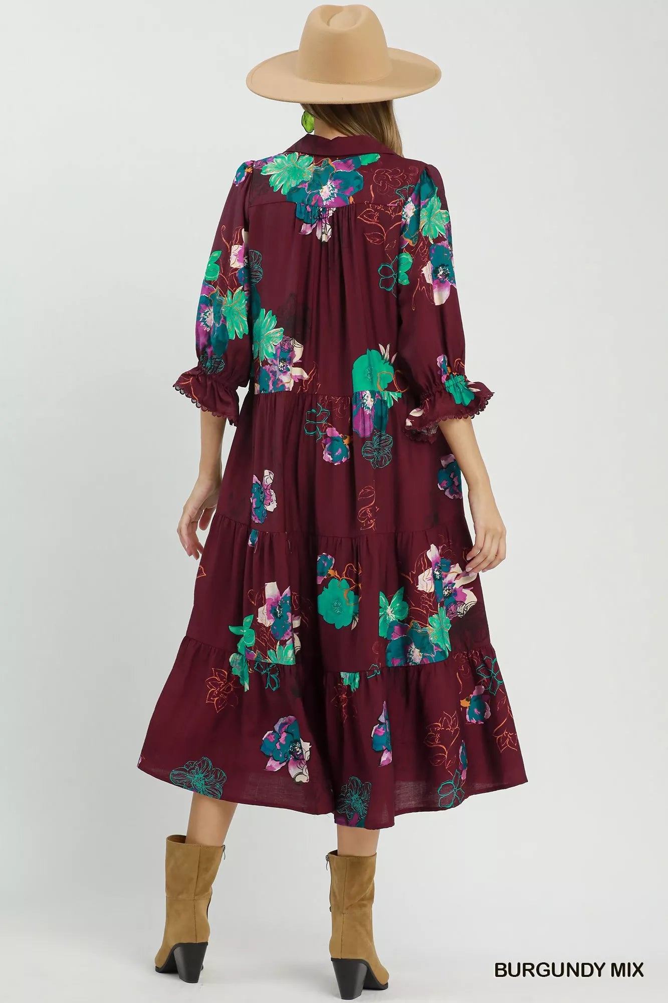 Umgee floral print tiered midi dress with puff sleeves, burgundy mix, perfect for casual or summer wear.