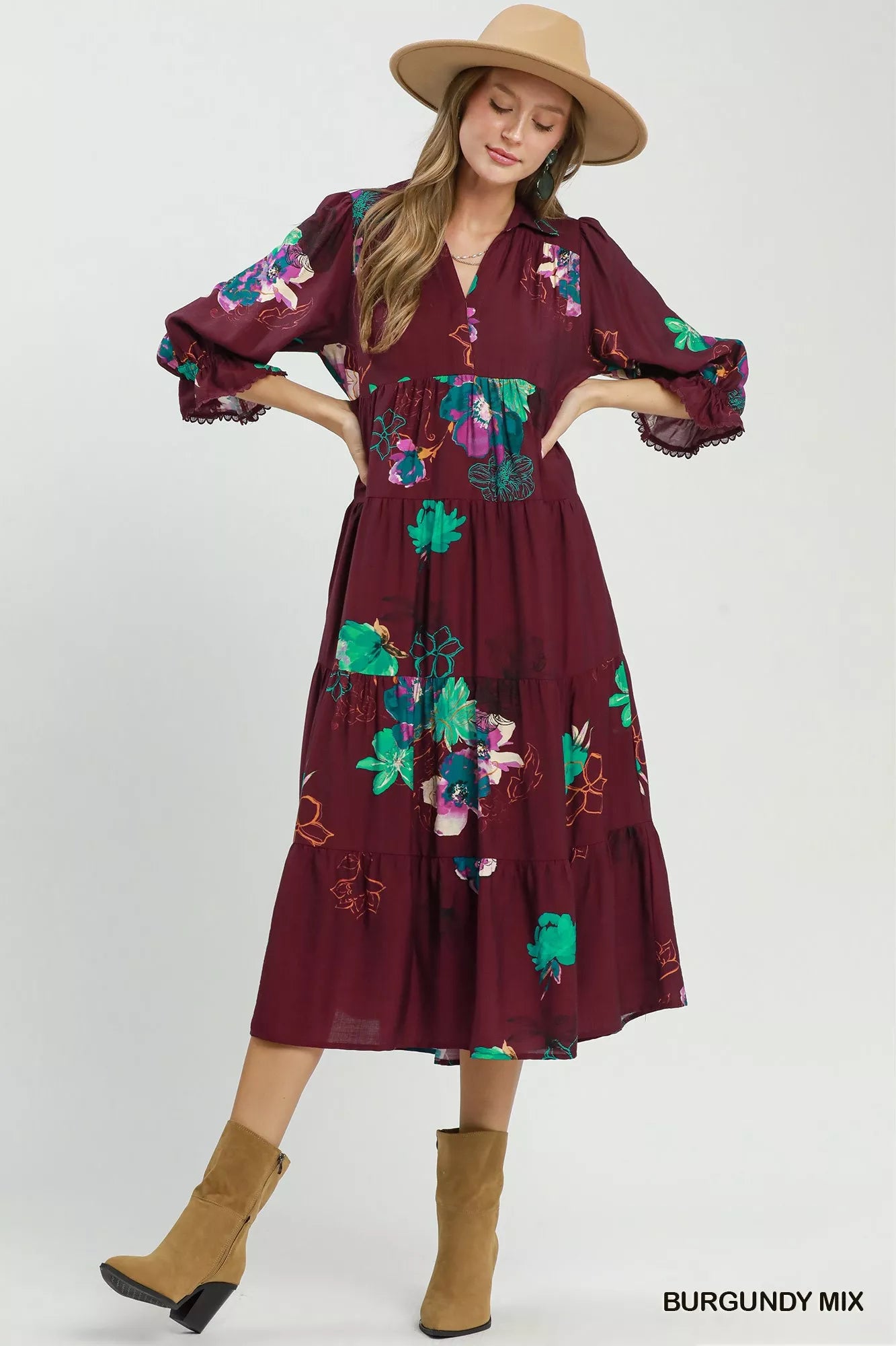 Trendsi Umgee floral print tiered midi dress with puff sleeves in burgundy and mix colors, perfect for spring or summer wear.