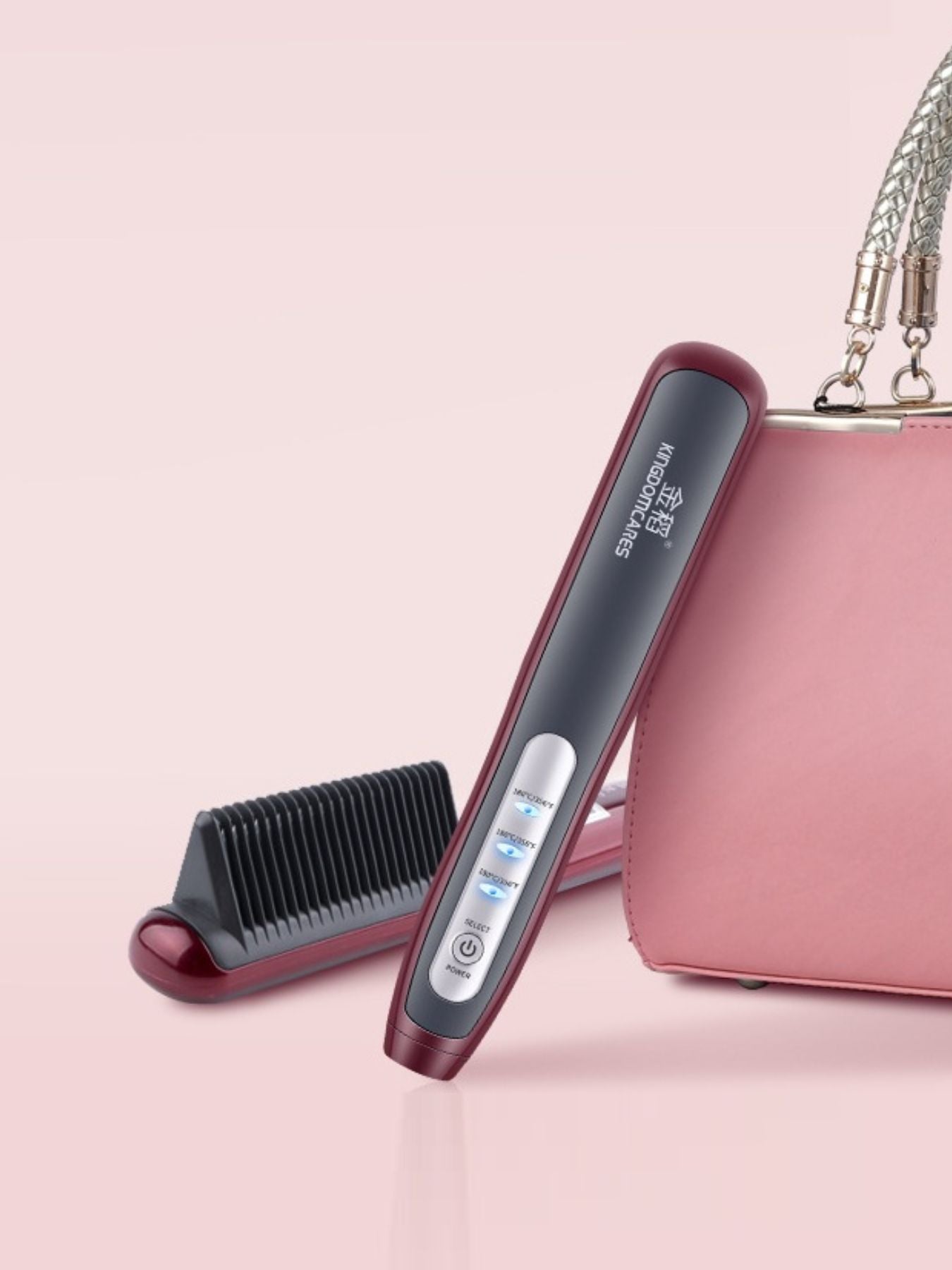 Burgundy Trendsi heated straightening comb with North American plug, showcasing its sleek design and ceramic heating plates.