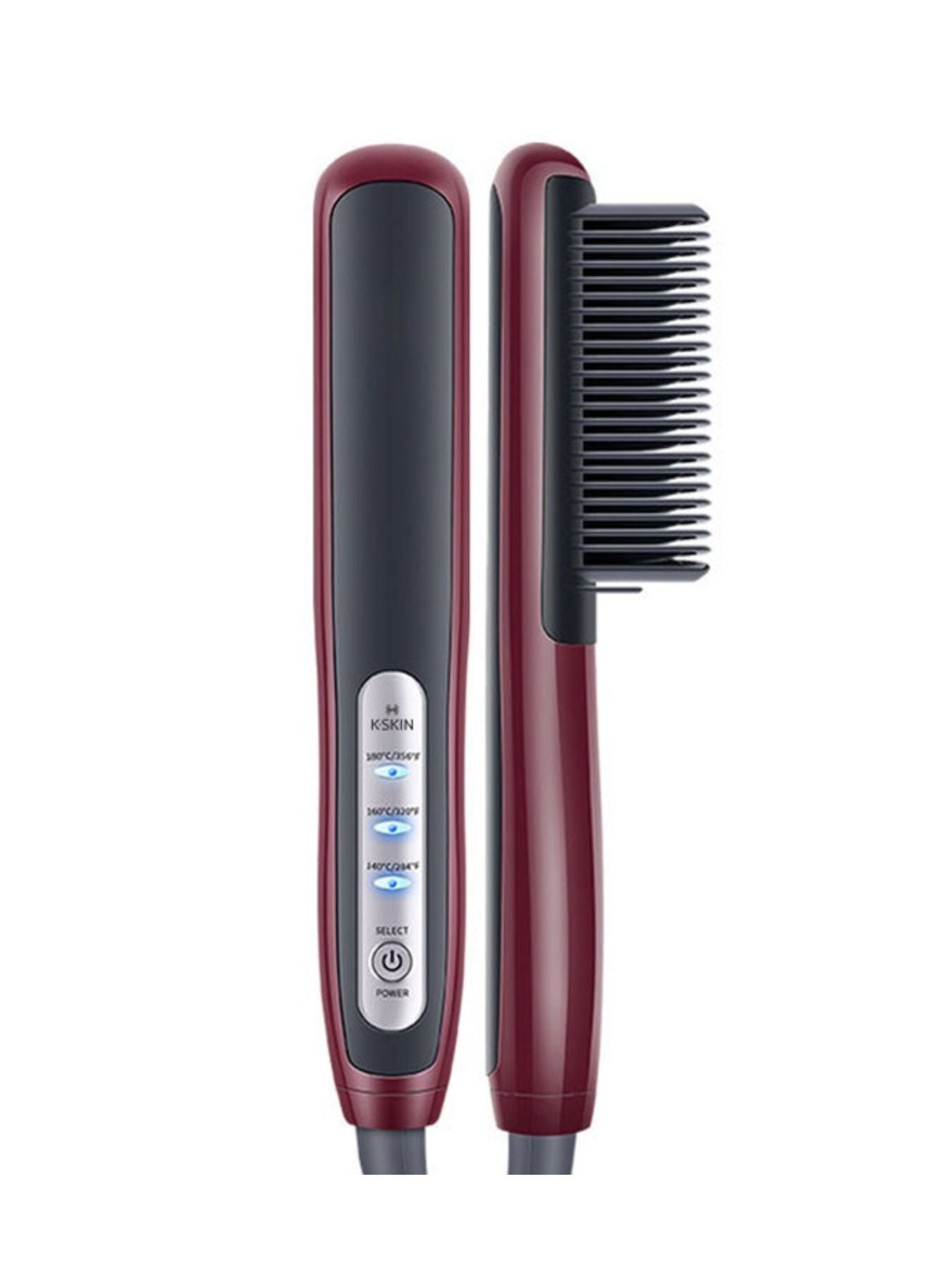 Trendsi heated straightening comb with burgundy handle and North American plug, designed for smoothing and styling hair.
