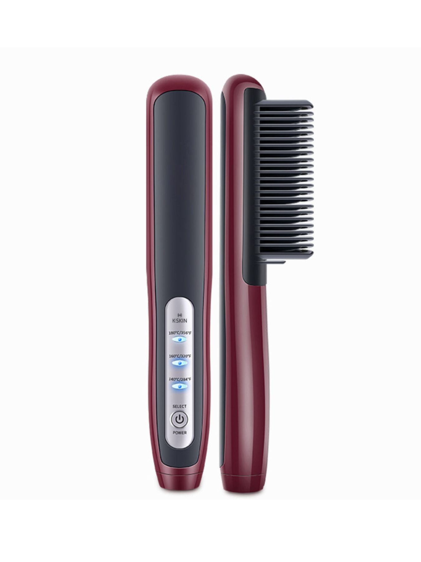 Trendsi heated straightening comb in burgundy with North American plug, designed for smoothing and straightening hair.