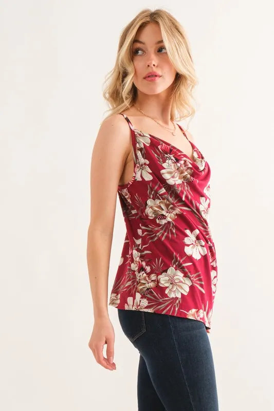 Trendsi floral printed casual tank top in burgundy with a relaxed fit, featuring vibrant floral design on lightweight fabric.