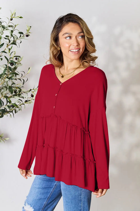 Burgundy Trendsi Double Take long sleeve blouse with half buttons and ruffle hem, stylish women's button-up shirt.