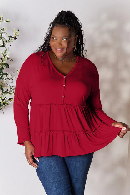 Burgundy Trendsi double take long sleeve blouse with half button front and ruffle hem, stylish and elegant for versatile wear.