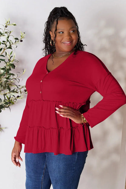 Burgundy Trendsi Double Take long sleeve blouse with half-button front and ruffle hem, stylish and feminine for casual wear