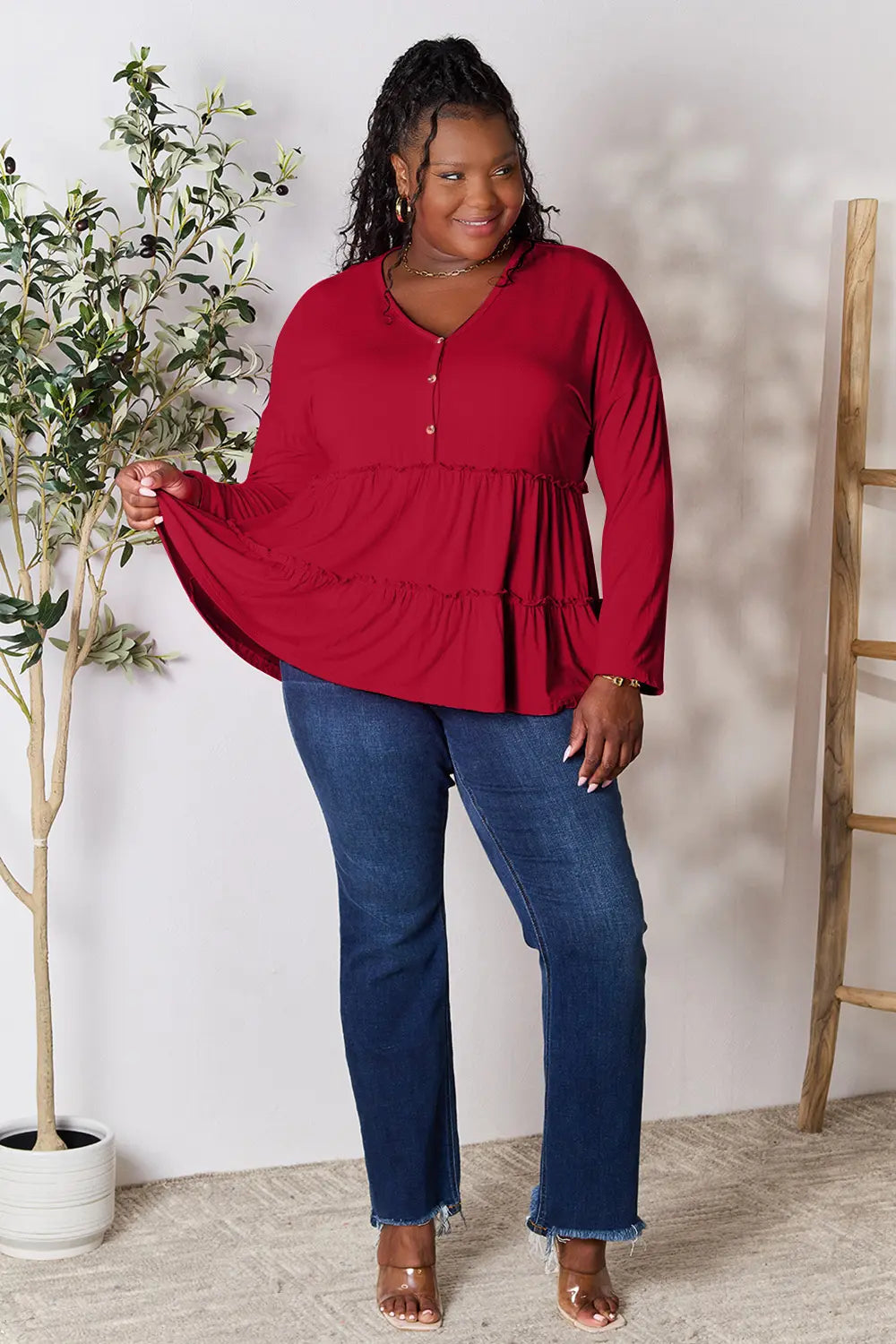 Burgundy double take half-button long sleeve blouse with ruffle hem, stylish and feminine, from Trendsi.