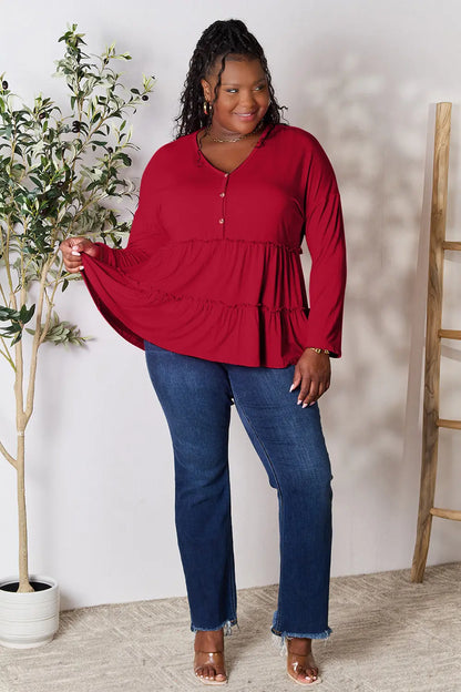 Burgundy double take half-button long sleeve blouse with ruffle hem, stylish and feminine, from Trendsi.