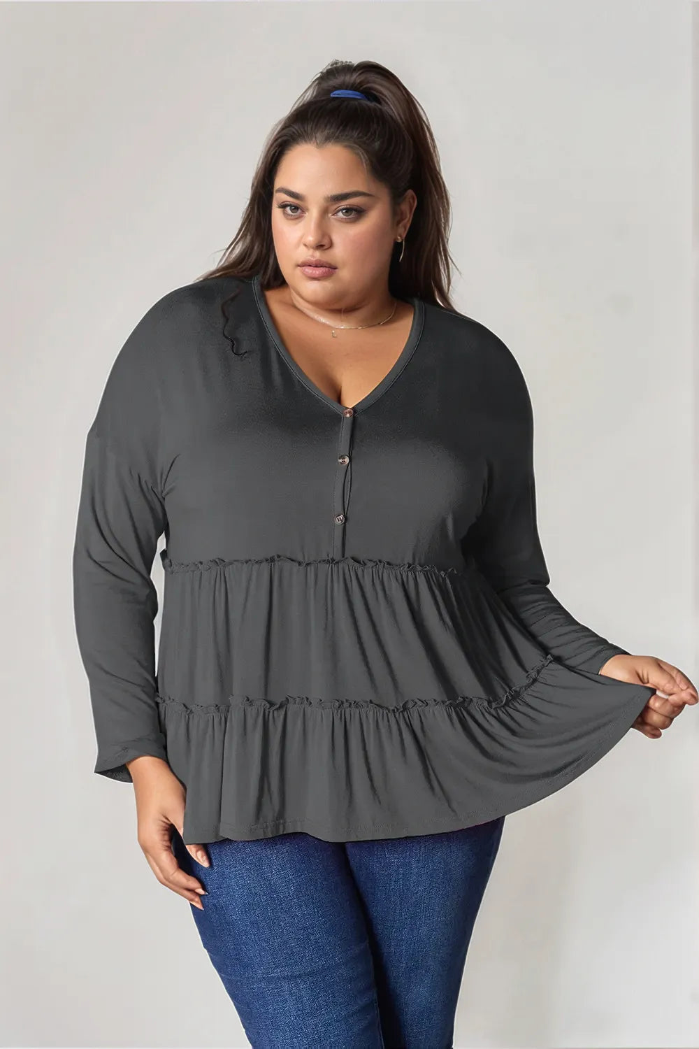 Burgundy Trendsi Double Take long sleeve blouse with half buttons and ruffle hem, stylish and elegant for casual or dressy wear.