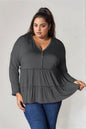 Burgundy Trendsi Double Take long sleeve blouse with half buttons and ruffle hem, stylish and elegant for casual or dressy wear.