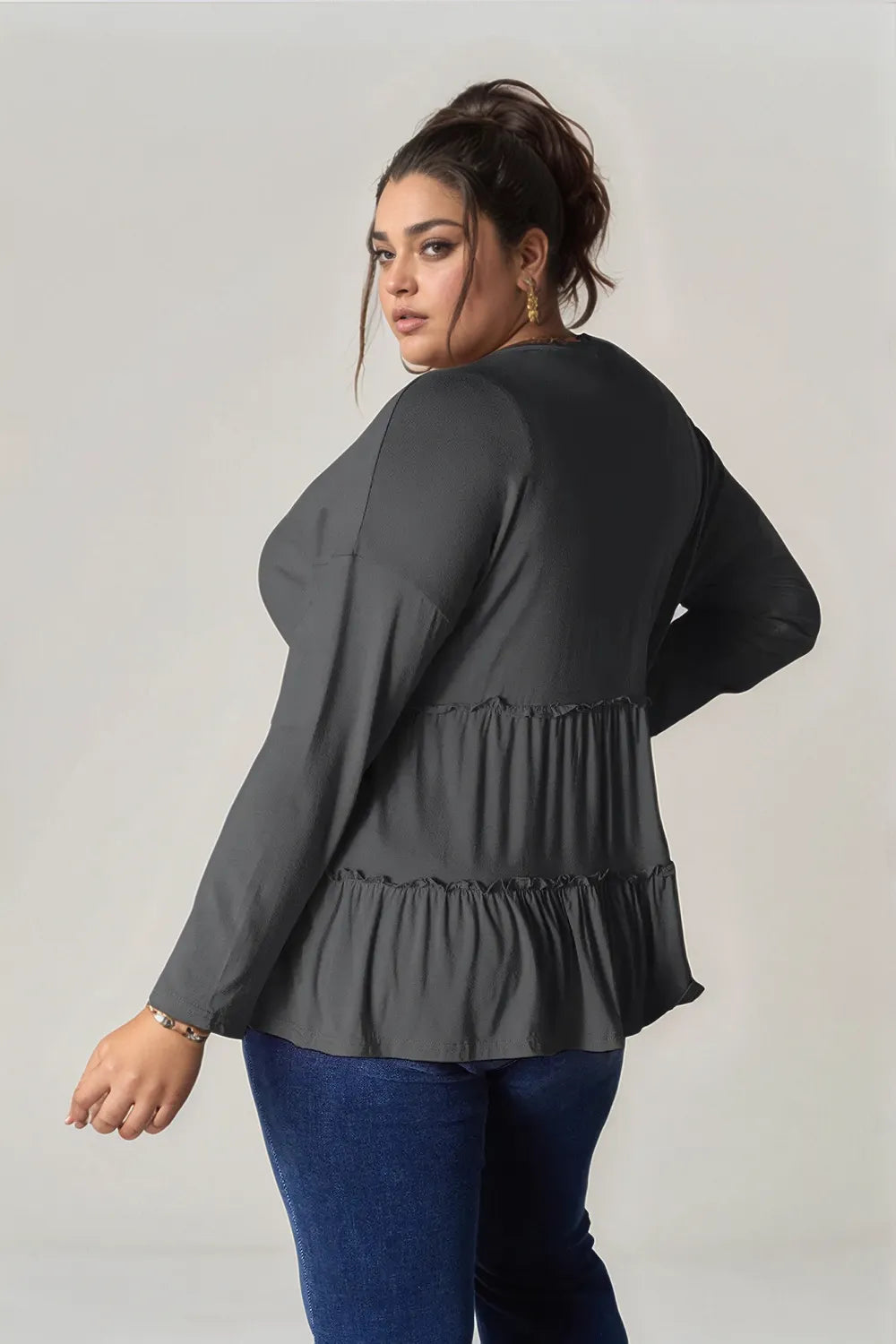Burgundy Trendsi Double Take half-button long sleeve blouse with ruffle hem, stylish and feminine for versatile wear.