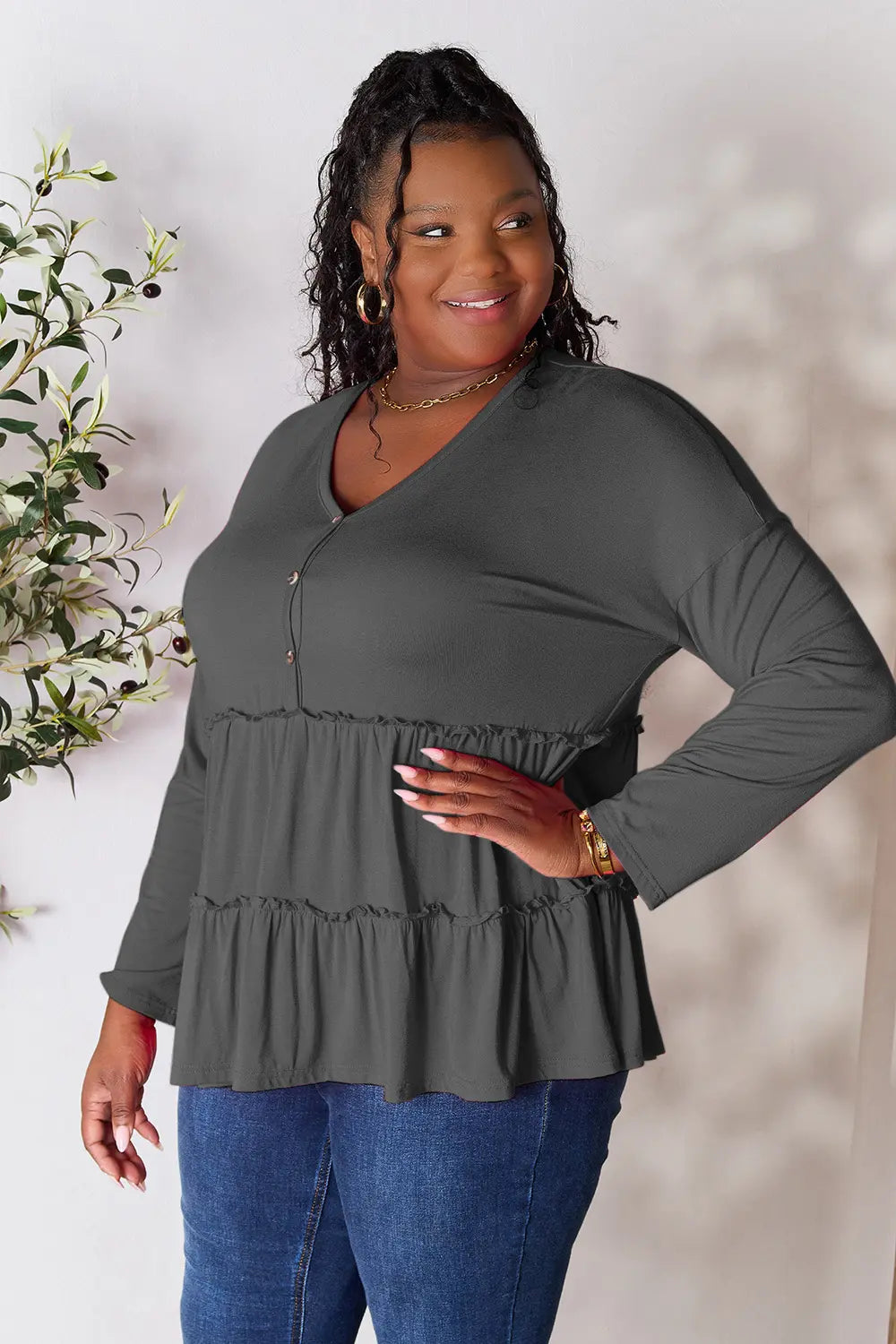Burgundy double take long sleeve blouse with half button front and ruffle hem, stylish button-up top from Trendsi.