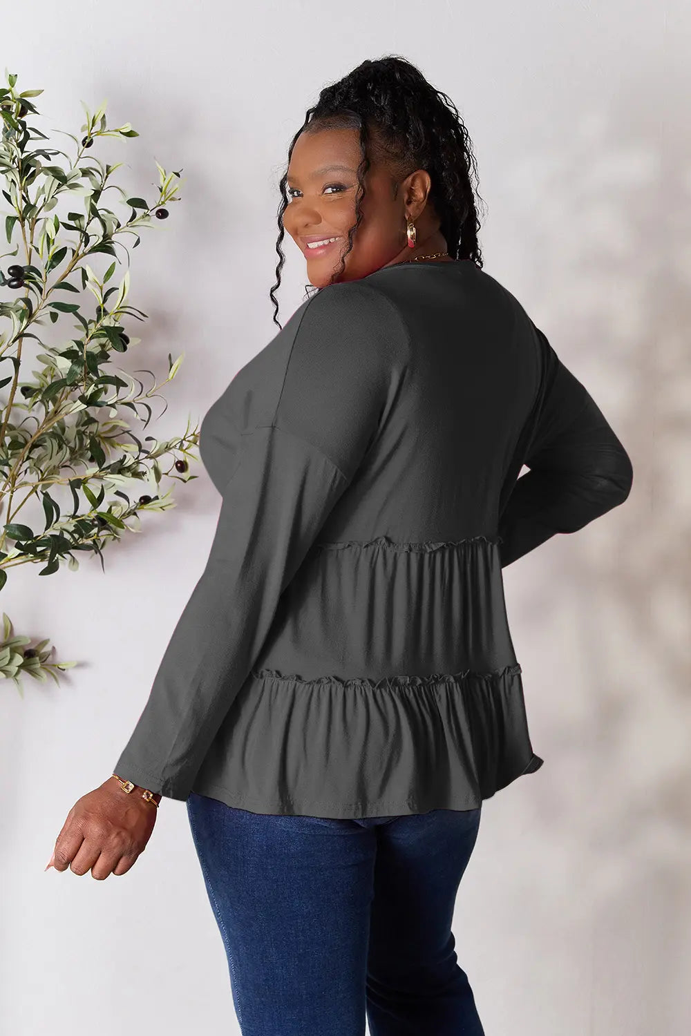Burgundy Trendsi Double Take long sleeve blouse with half buttons and ruffle hem, stylish women’s shirt for casual or dressy wear.