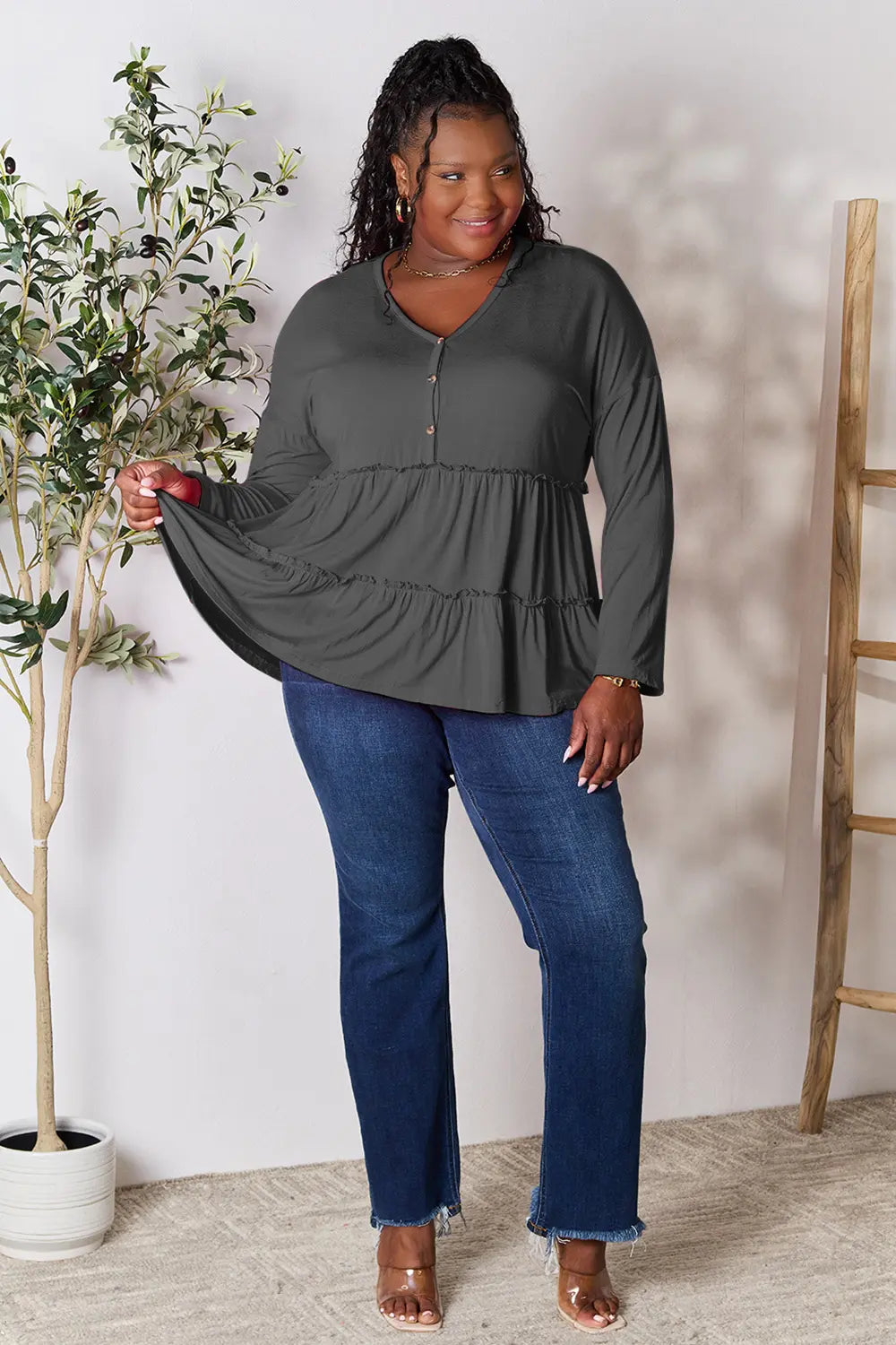 Burgundy Trendsi Double Take long sleeve blouse with half buttons and ruffle hem, stylish and feminine for everyday wear.
