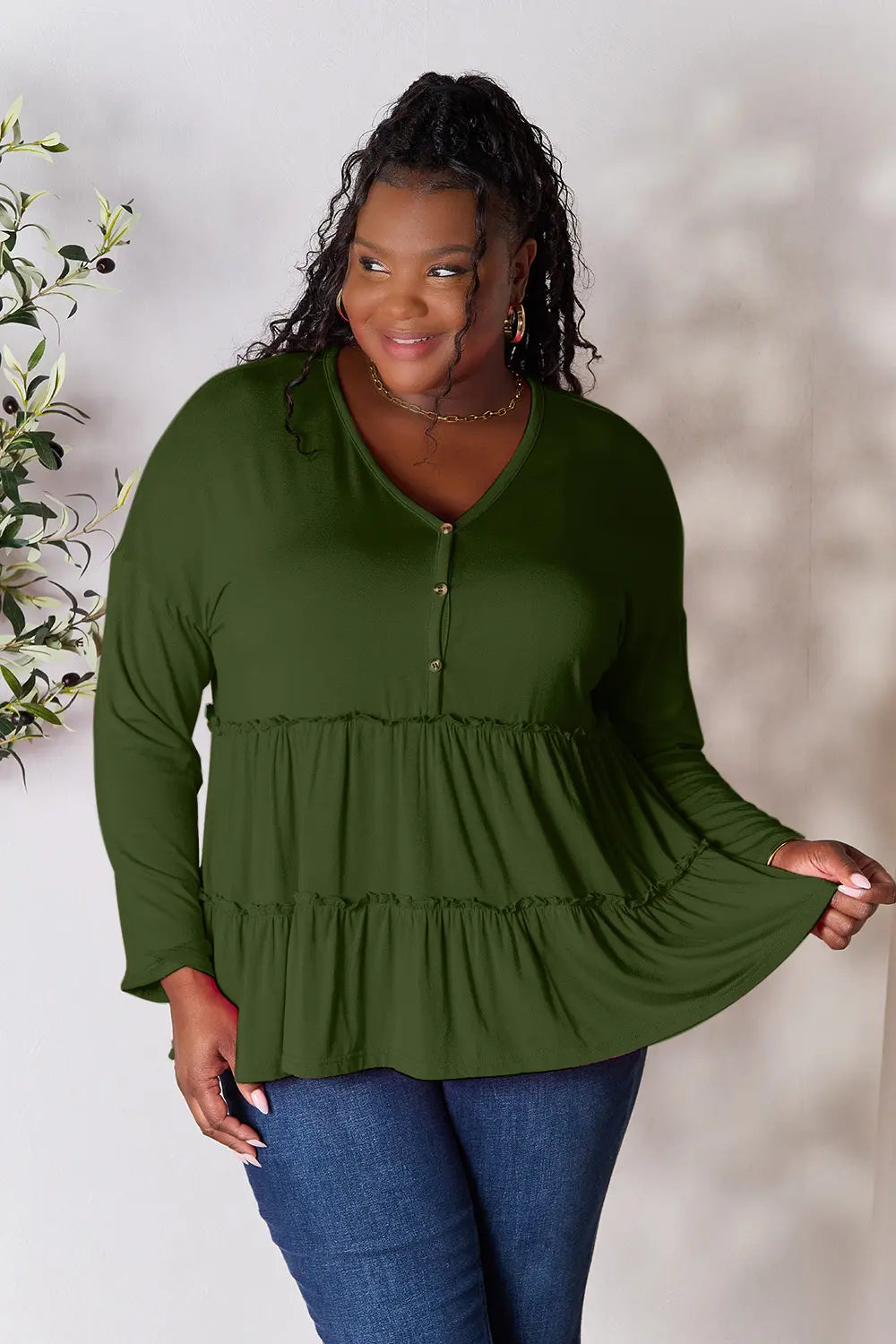 Burgundy Trendsi Double Take half-button long sleeve blouse with ruffle hem and classic fit, stylish and versatile for everyday wear.