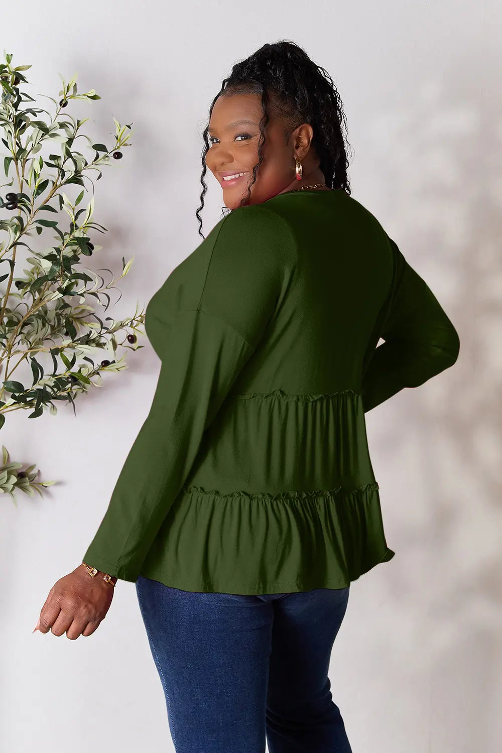 Burgundy Trendsi double take half-button long sleeve blouse with ruffle hem and classic design, displayed on a flat lay.