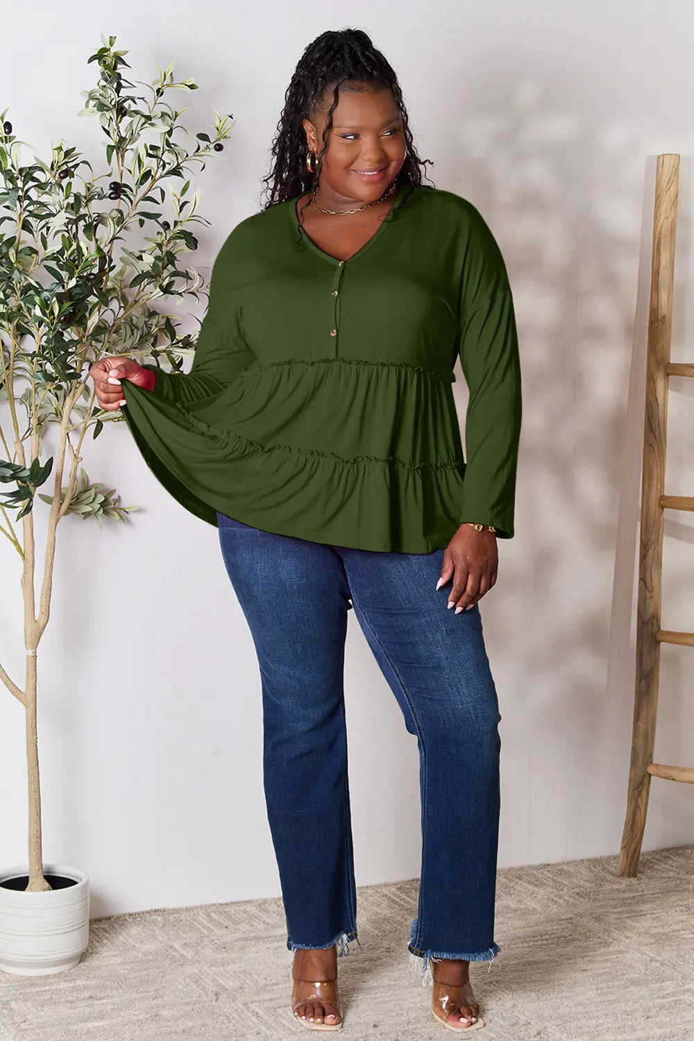 Burgundy Trendsi Double Take half-button long sleeve blouse with ruffle hem, stylish and elegant women's fashion top.