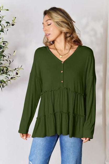 Burgundy Trendsi Double Take long sleeve blouse with half buttons and ruffle hem, stylish women's fashion top.
