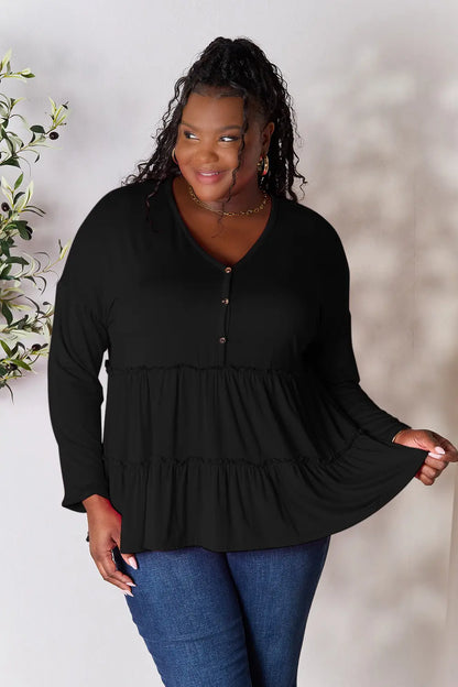 Burgundy Trendsi Double Take long sleeve blouse with half buttons and ruffle hem, stylish and elegant for casual or dressy wear.