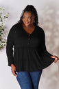 Burgundy Trendsi Double Take long sleeve blouse with half buttons and ruffle hem, stylish and elegant for casual or dressy wear.