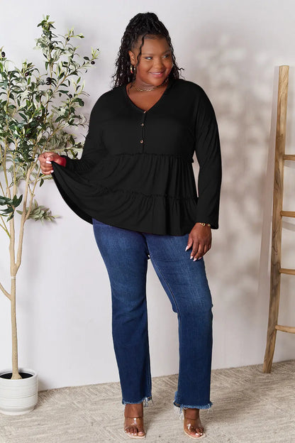 Burgundy Trendsi Double Take half-button long sleeve blouse with ruffle hem and classic collar, stylish and feminine for casual wear.
