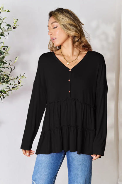 Burgundy Trendsi Double Take half-button long sleeve blouse with ruffle hem and classic design, perfect for casual or dressy wear.