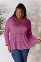 Burgundy Trendsi Double Take long sleeve blouse with half button front and ruffle hem, stylish and feminine for casual or dressy wear.
