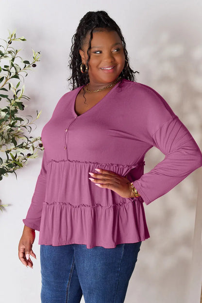 Burgundy Trendsi Double Take long sleeve blouse with half button front and ruffle hem, stylish and feminine for casual or dressy wear.
