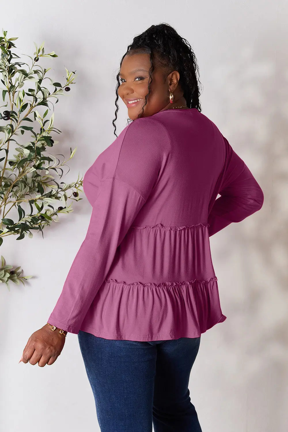Burgundy Trendsi Double Take long sleeve blouse with half button front and ruffle hem, stylish and feminine for everyday wear.