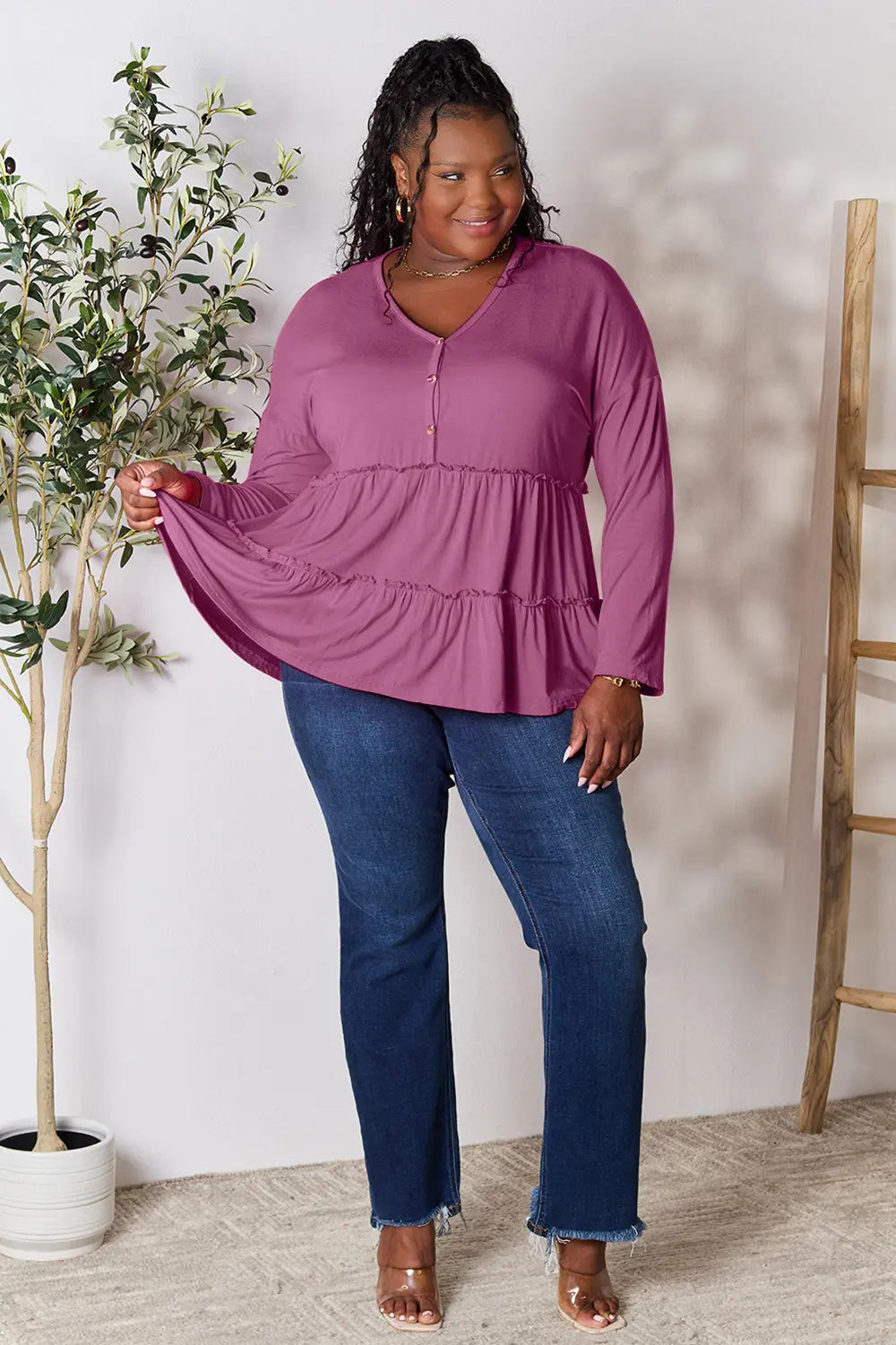 Burgundy Trendsi Double Take long sleeve blouse with half buttons and ruffle hem, stylish and feminine for casual or dressy wear.