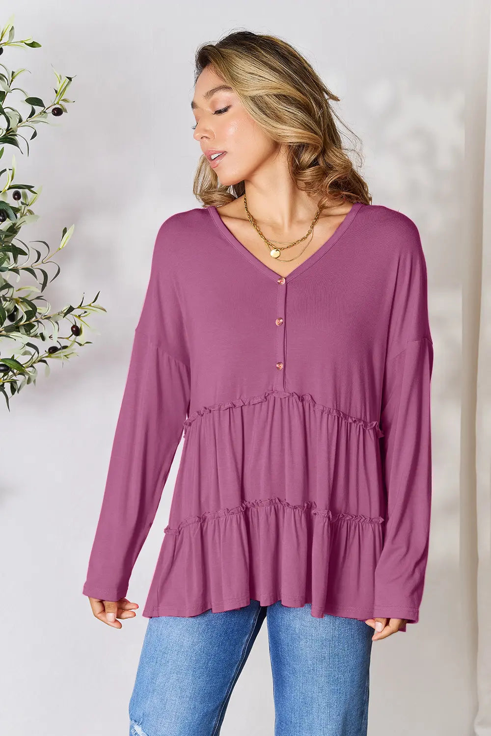 Burgundy Trendsi Double Take half-button long sleeve blouse with ruffle hem and classic collar, stylish and feminine.