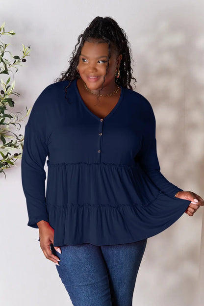 Burgundy Trendsi Double Take half-button long sleeve blouse with ruffle hem and classic fit, casual chic for stylish outfits.