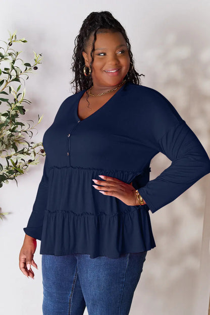 Burgundy Trendsi Double Take long sleeve blouse with half buttons and ruffle hem, stylish women's fashion top.