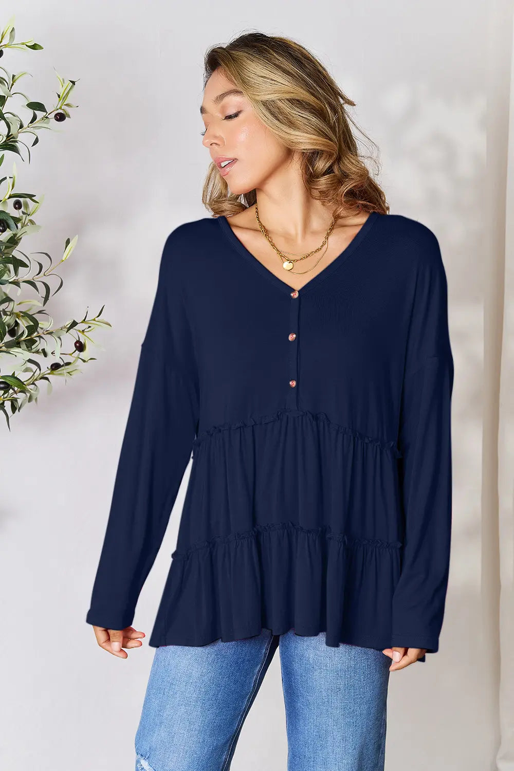 Burgundy Trendsi Double Take long sleeve blouse with half button front and ruffle hem, stylish and elegant for casual or dressy wear.