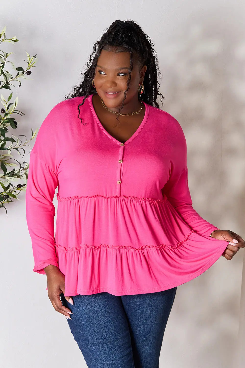 Burgundy Trendsi Double Take long sleeve blouse with half buttons and ruffle hem, stylish and feminine for casual or dressy wear.