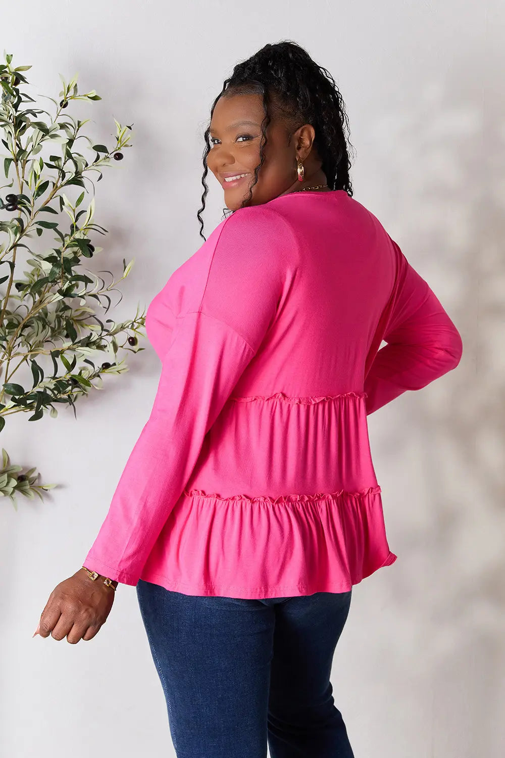 Burgundy Trendsi Double Take half-button long sleeve blouse with ruffle hem, stylish and feminine for casual or dressy wear.
