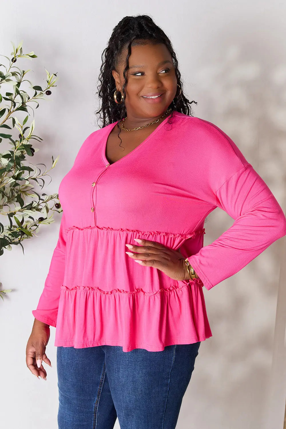 Burgundy double take long sleeve blouse by Trendsi featuring half buttons and ruffle hem, stylish women's fashion top.