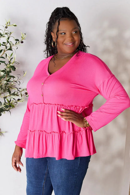 Burgundy double take long sleeve blouse by Trendsi featuring half buttons and ruffle hem, stylish women's fashion top.