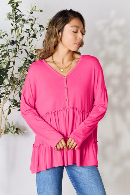 Burgundy Trendsi Double Take long sleeve blouse with half button front and ruffle hem, stylish and elegant for women's fashion