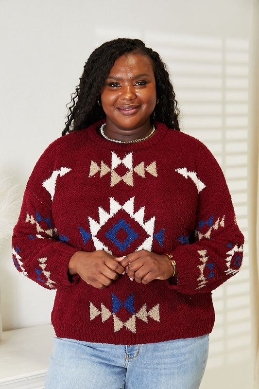 Burgundy HEYSON full-size Aztec soft fuzzy sweater by Trendsi featuring a cozy, patterned design and ribbed cuffs.