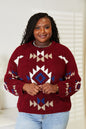 Burgundy HEYSON full-size Aztec soft fuzzy sweater by Trendsi featuring a cozy, patterned design and ribbed cuffs.
