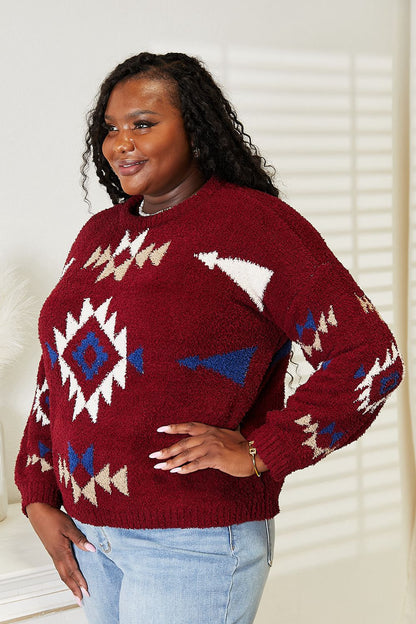 Trendsi HEYSON full size burgundy Aztec soft fuzzy sweater with cozy knit pattern and relaxed fit.