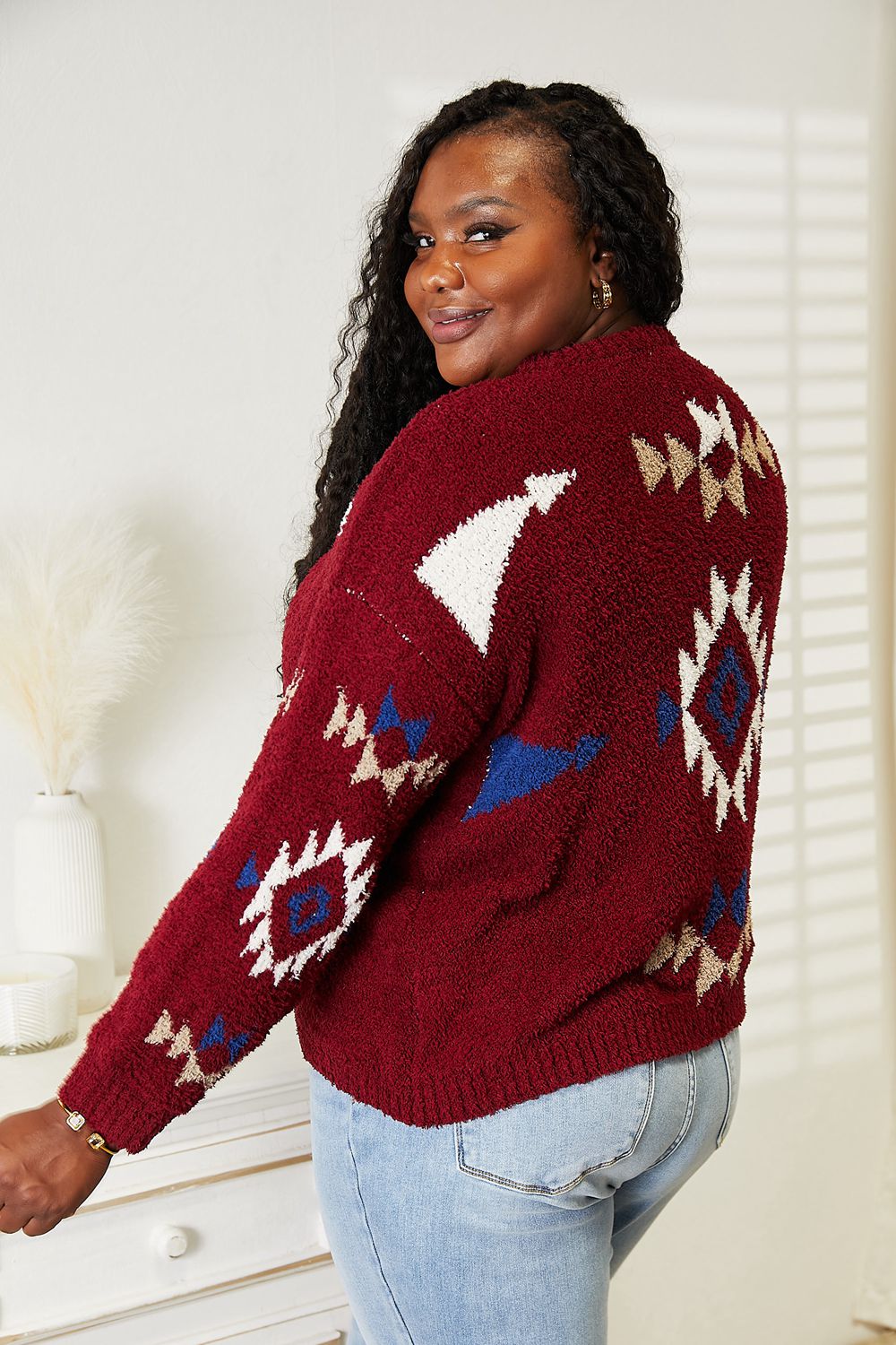 Burgundy Heyson full-size Aztec soft fuzzy sweater by Trendsi featuring a cozy, patterned design and a relaxed fit.