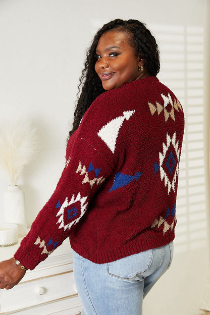 Burgundy Heyson full-size Aztec soft fuzzy sweater by Trendsi featuring a cozy, patterned design and a relaxed fit.