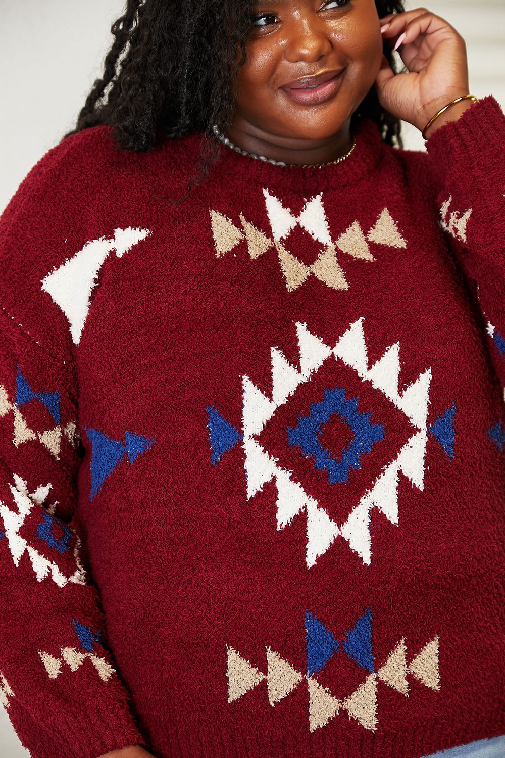 Burgundy HEYSON full-size Aztec soft fuzzy sweater by Trendsi, featuring a cozy, patterned design and long sleeves.
